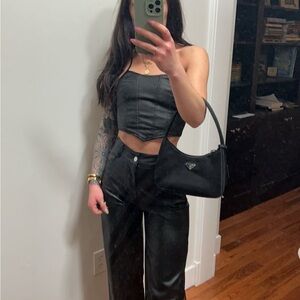 CROPPED FAUX LEATHER V SHAPED CORSET STRAPLESS